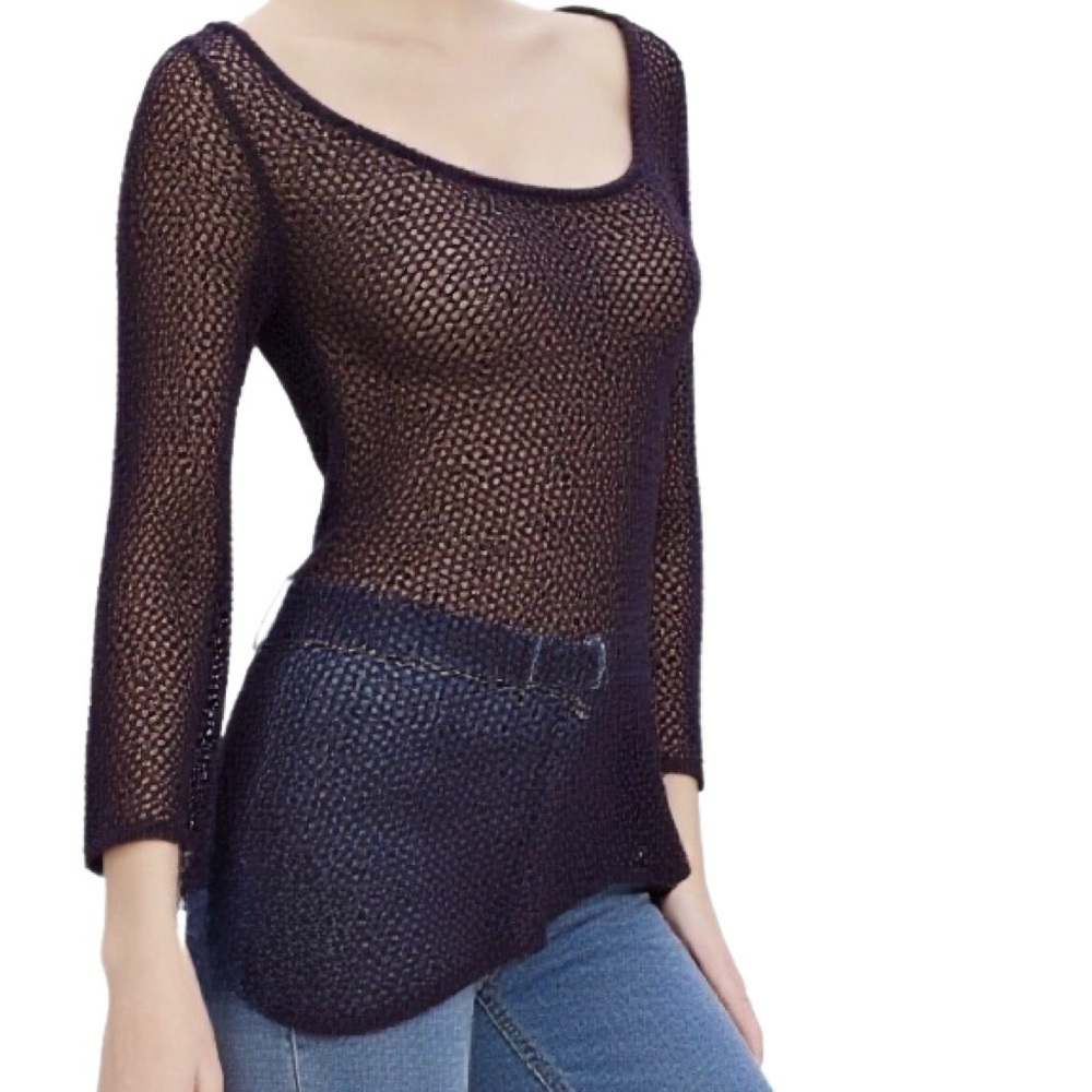 Le Chateau Purple & Black Sheer Crochet Sweater with Asymmetrical Hem Size XXS